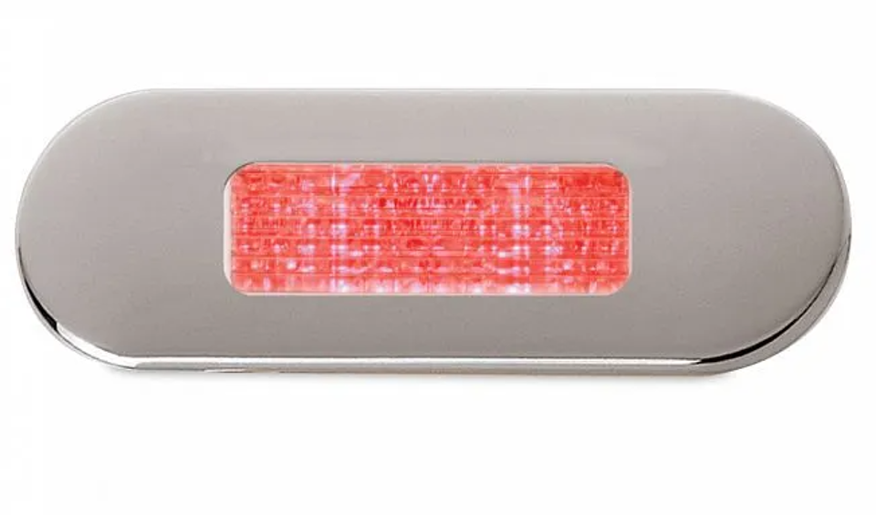 Hella Marine-2XT 959 680-717-LED OBLONG STEP LAMP WIDE RIM 10-33V RED - POLISHED 316 S/S BEZEL.